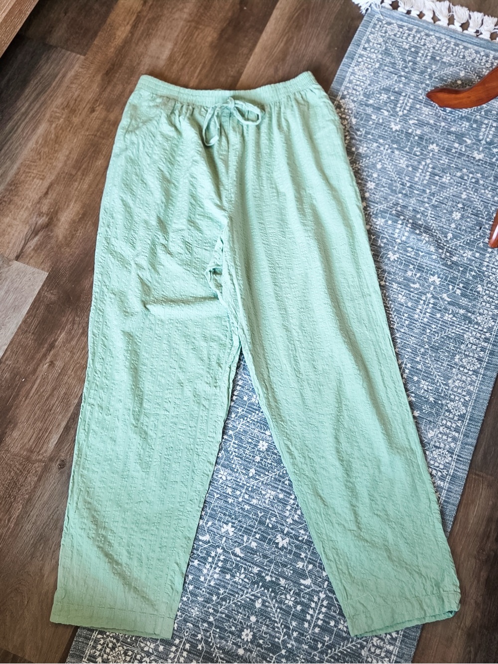 Light Mint Green Cotton Drawstring Wide-Leg Pants